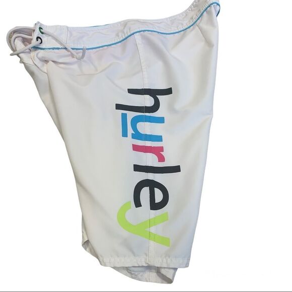 Hurley white multicoloured logo print board shorts swim beach summer Sz 9 - Picture 3 of 11